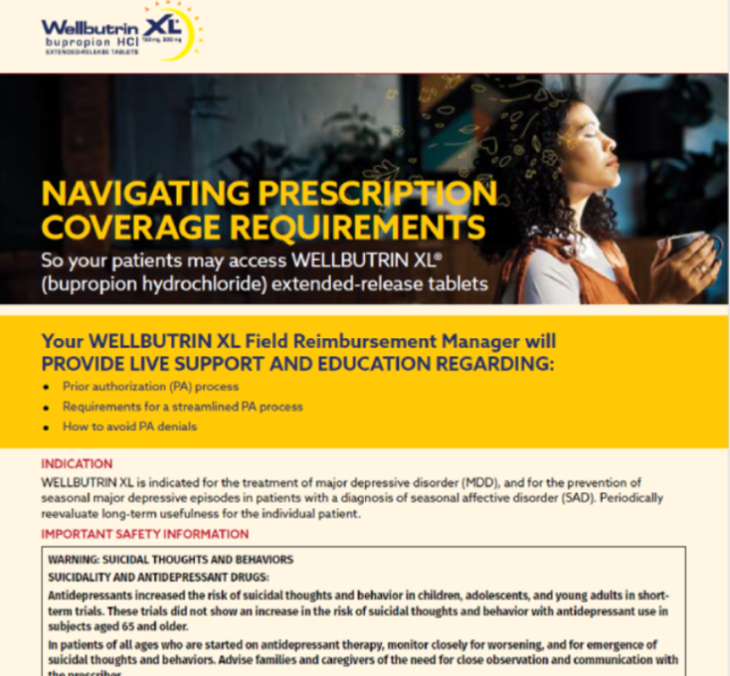 Cover of Wellbutrin XL Prior Authorization Guide, featuring a hand typing on a laptop keyboard, with guide details and safety information below.
